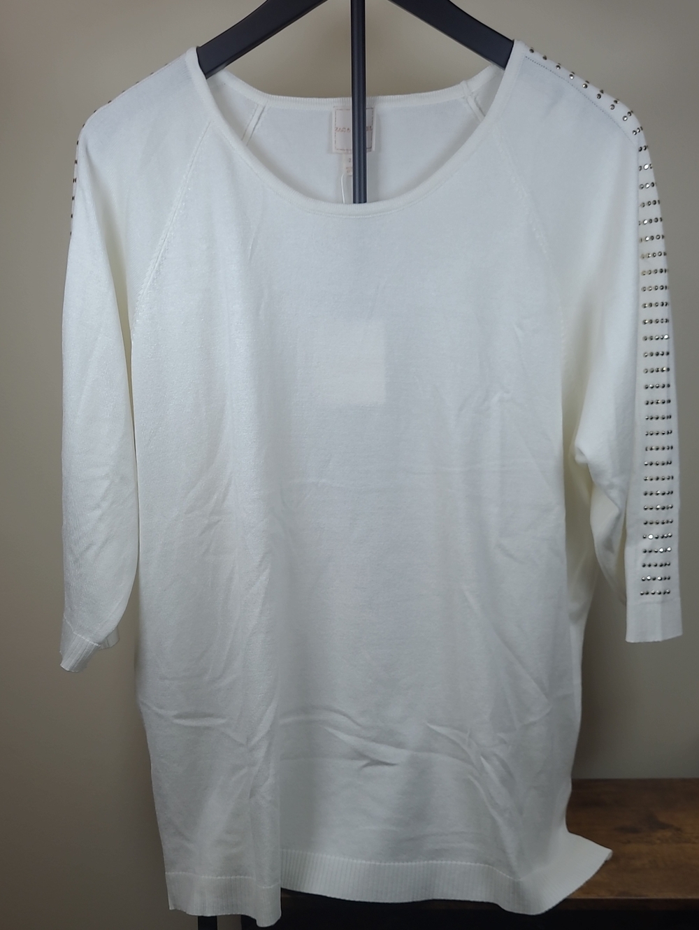 NWT Zac & Rachel Creamy White Boatneck Top with Gold Stud Sleeve Detail size 2X